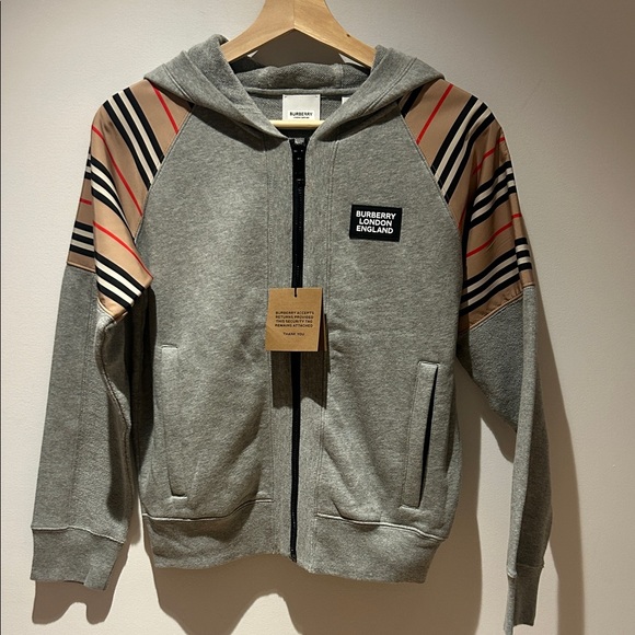Burberry Sweaters - BNWT Burberry Gray Hoodie with Tan and Black Stripes - Size 12Y or XS